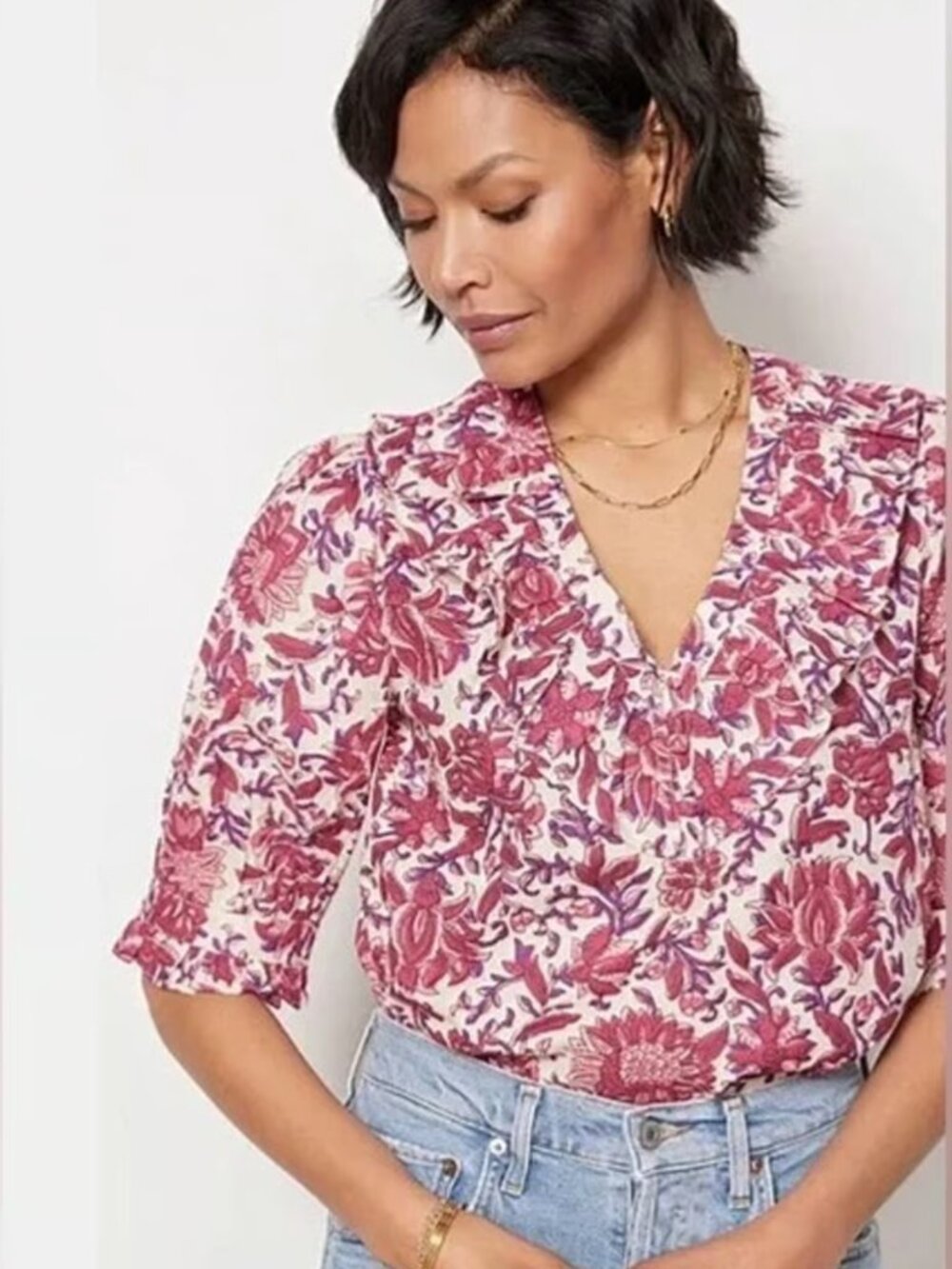 Evereve Ari Ruffle Collar Blouse in Block Print Florals | Size XS